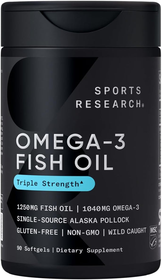 Triple Strength Omega 3 Fish Oil - Burpless Fish Oil Supplement W/Epa & DHA Fatty Acids from Single-Source Wild Alaska Pollock - 1250 Mg, 90 Ct