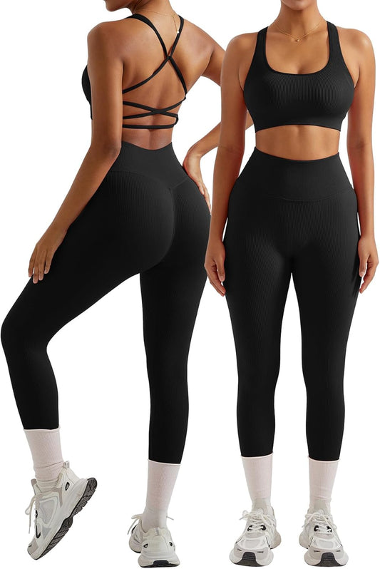 Women Ribbed Workout Sets Seamless Strappy Sport Bra Butt Lifting Leggings Outfits