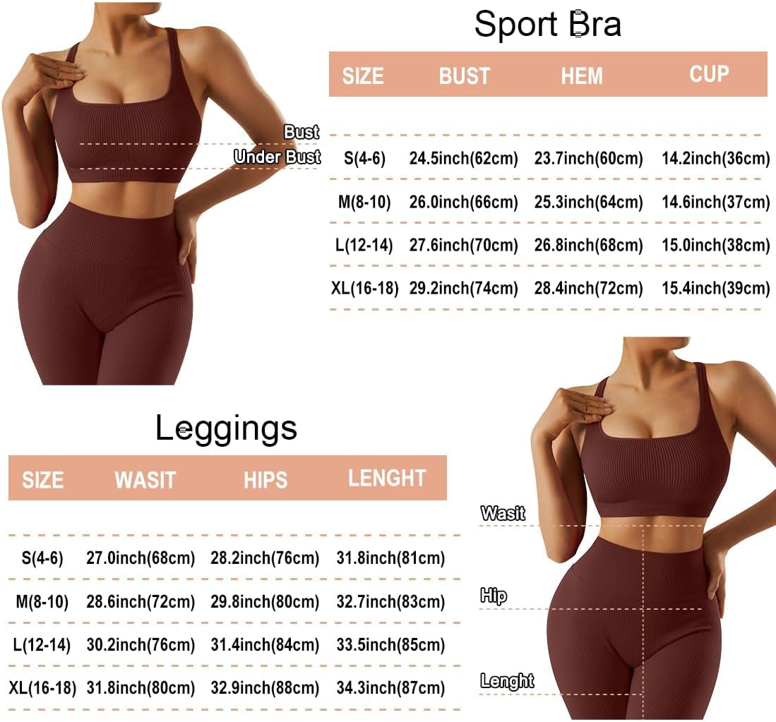 Women Ribbed Workout Sets Seamless Strappy Sport Bra Butt Lifting Leggings Outfits