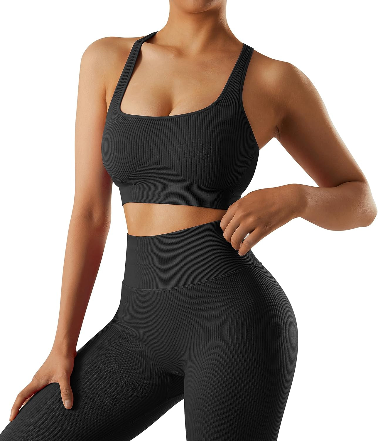 Women Ribbed Workout Sets Seamless Strappy Sport Bra Butt Lifting Leggings Outfits