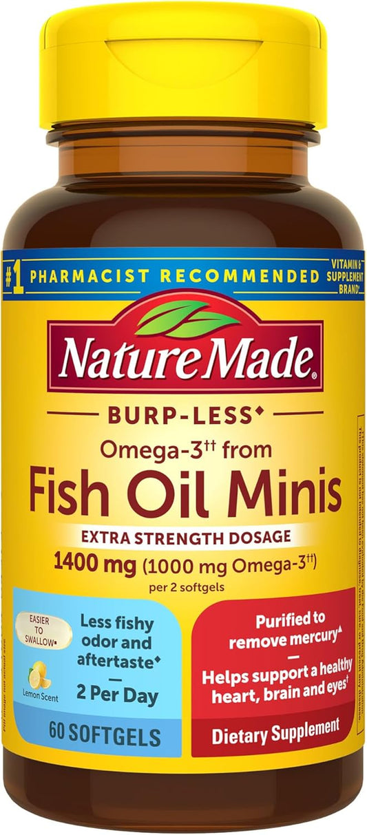 Extra Strength Burp Less Omega 3 Fish Oil 1400 Mg Minis, Fish Oil Supplements as Ethyl Esters for Healthy Heart, Brain and Eyes Support, Omega 3 Supplement, 60 Softgels, 30 Day Supply