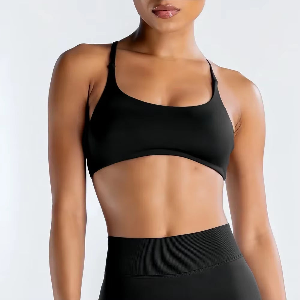 Dynamic Twist Back Bra with Logo Women Seamless Yoga Top Bra Medium Support Padded Gym Crop Top Stretchy Fitness Sports Top