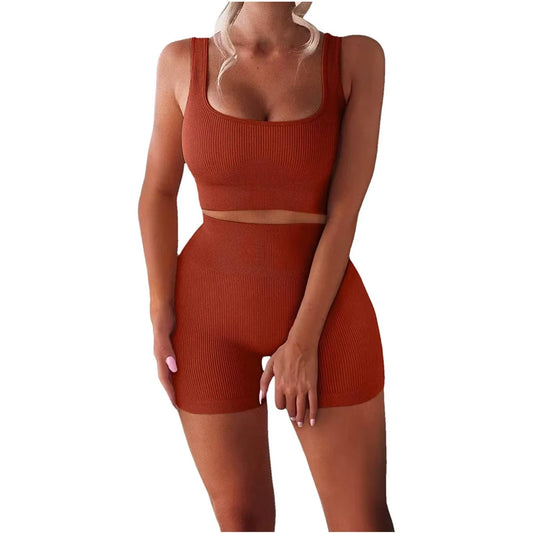 Women'S Sexy Fitness U-Neck Vest Two-Piece Set Ribbed Vest High Waist Shorts Yoga Suit