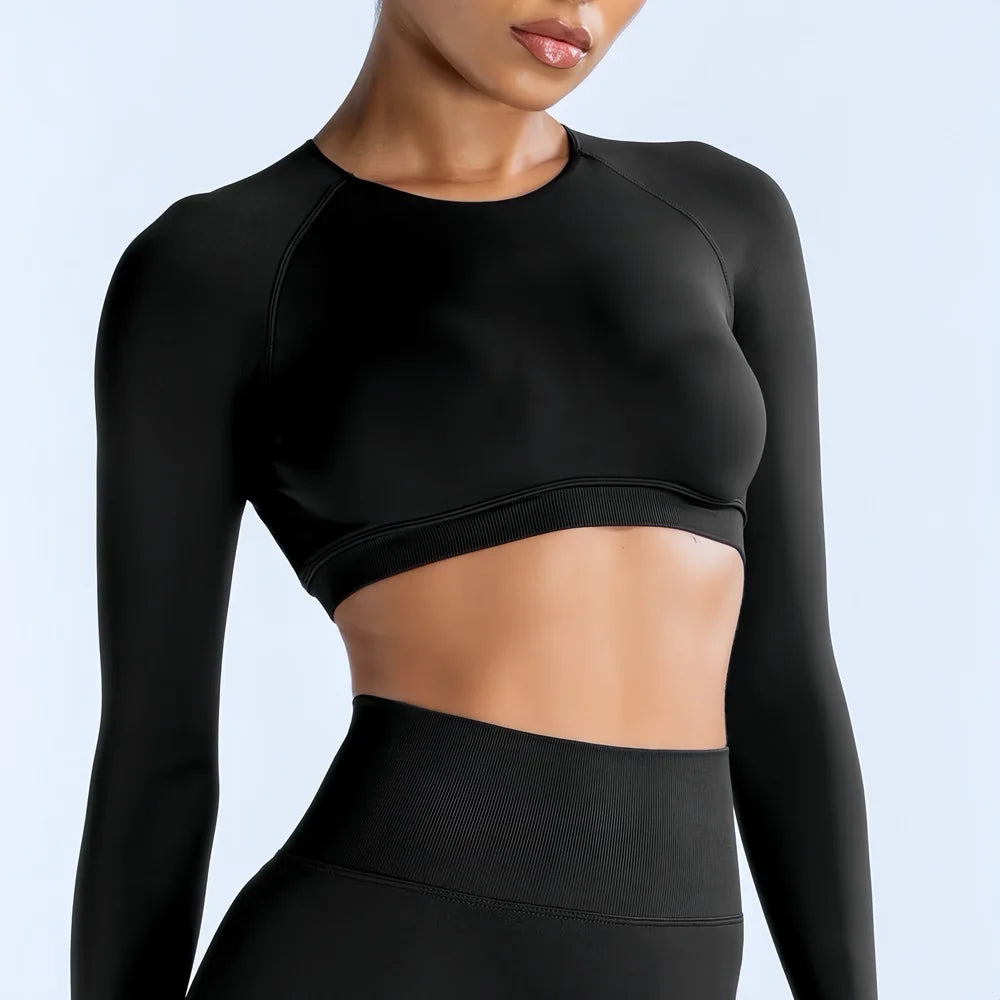 Dynamic Long Sleeve Crop Top with Logo Women Short Sleeve Yoga Top Light Weight Gym Crop Top Seamless Bicycle Sports Long Sleeve