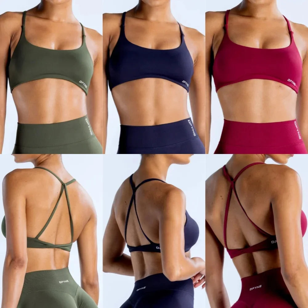 Dynamic Twist Back Bra with Logo Women Seamless Yoga Top Bra Medium Support Padded Gym Crop Top Stretchy Fitness Sports Top